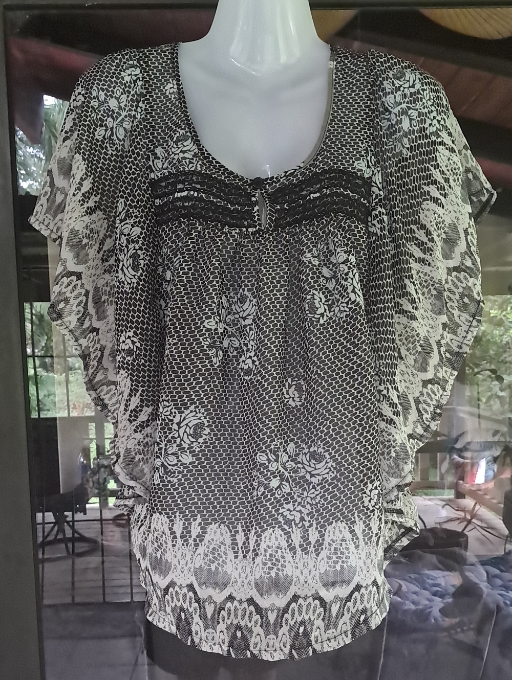 Maurices Black and White Floral Lace Overlay Blouse